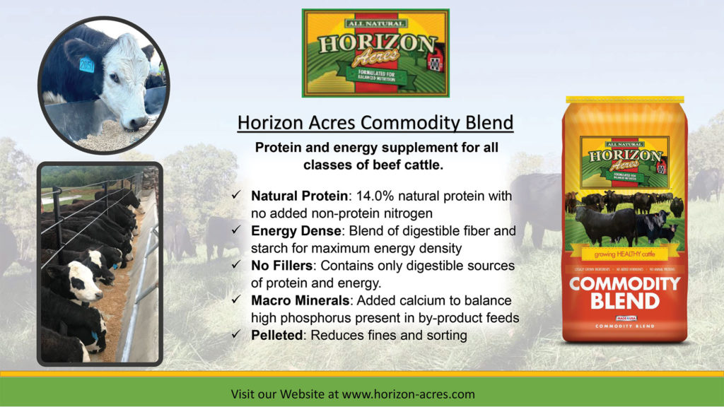 Horizon Acres Commodity Blend is a protein and energy supplement for all classes of beef cattle.