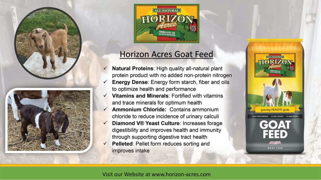 Horizon Acres Goat Feed is an energy dense complete goat feed formulated with high quality proteins and fortified with vitamins and trace minerals to optimize performance and health for all classes of goats.