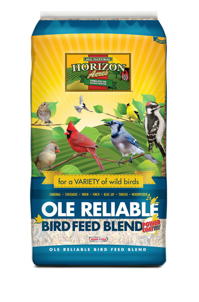 Ole Reliable Wild Bird Feed Blend 40 lb, 20 lb and 6 lb Bags • Milo, Wheat, Corn, Sunflower Seed, and Vegetable Oil.