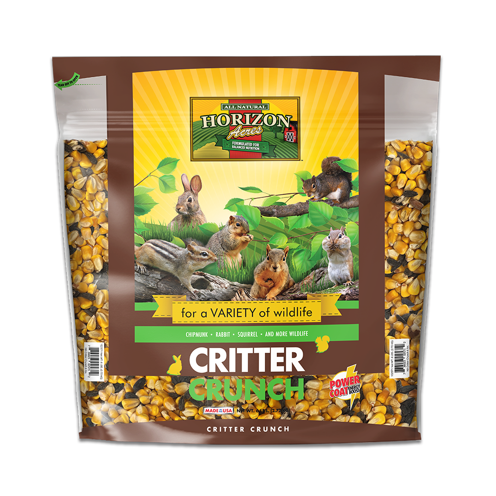 Horizon Acres Critter Crunch - 6 lb Bags. Species Attracted: A variety of woodland critters including squirrels, chipmunks, rabbits and more.